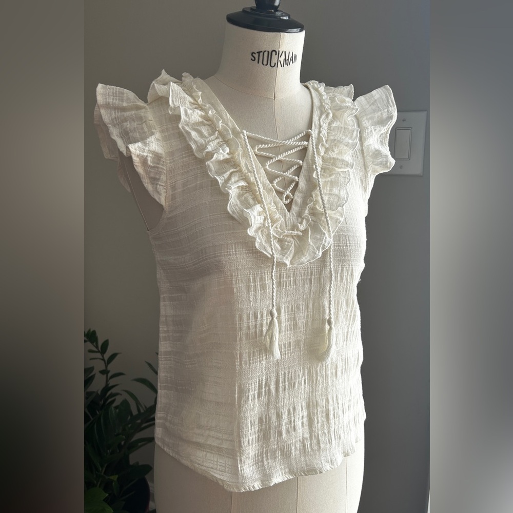 H&M Ivory Off White Cream Ruffle Angel Sleeve Tassel Cord Tie Up Blouse XS 2